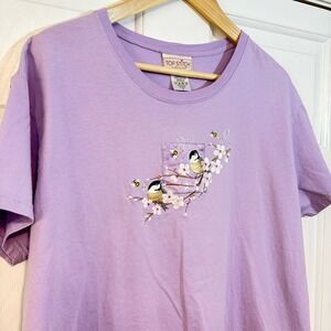 Top Stitch Lavender Bird Floral Embroidered T-Shirt 2X Pastel Grandma Cottage